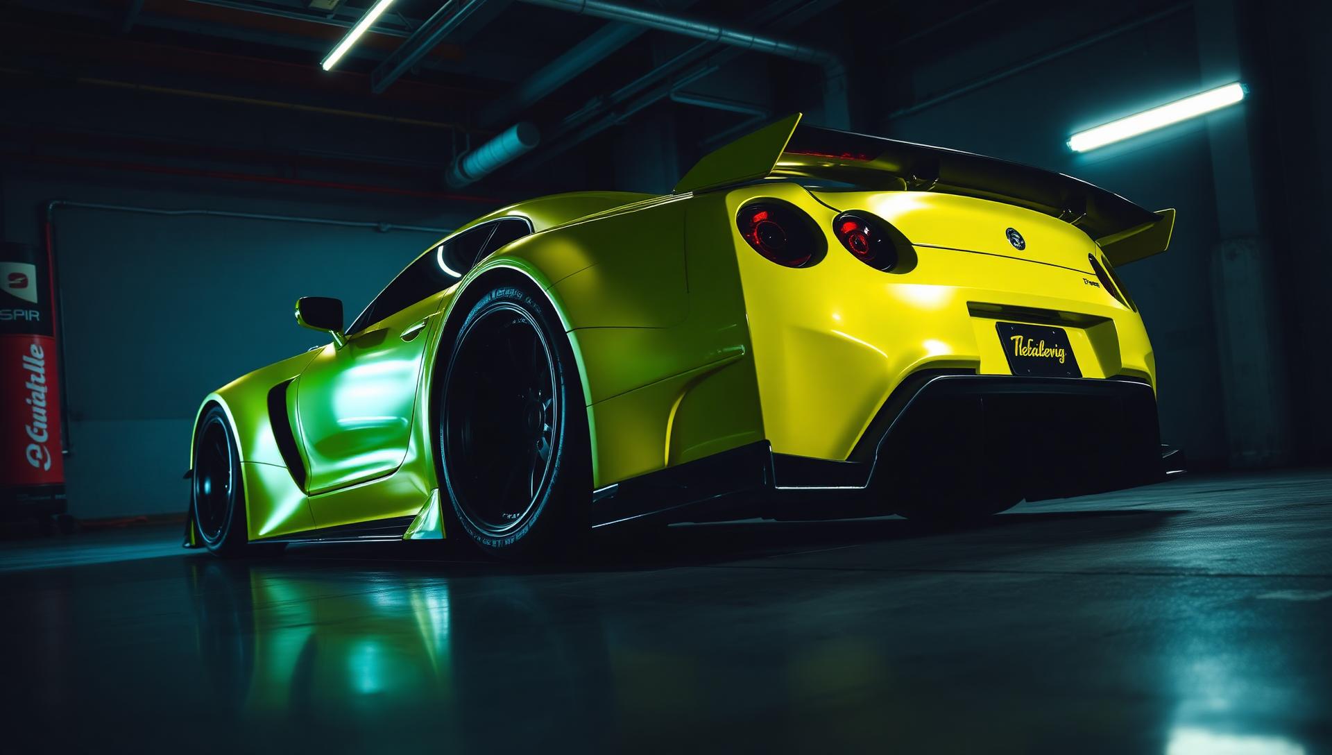 Custom widebody sports car with satin vinyl wrap